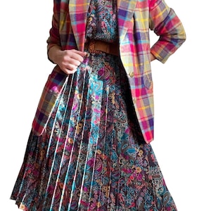Vintage 80s Psychedelic Abstract Print Pleated Dress, Vintage 80s Colorful Secretary Dress, Vintage Psychedelic Print Womans Midi Dress