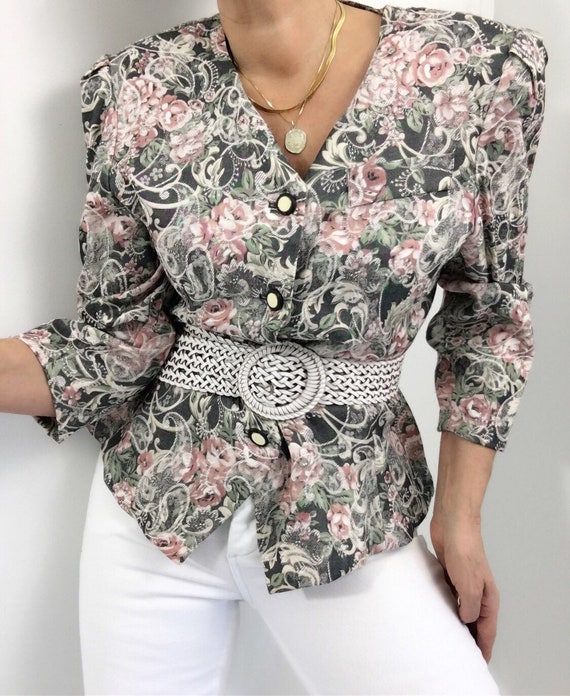 Vintage Tapestry Rose Print Blazer Blouse Top Past