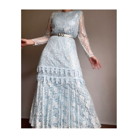 Vintage 70s Doing 20s Light Blue Lace Maxi Dress,… - image 2