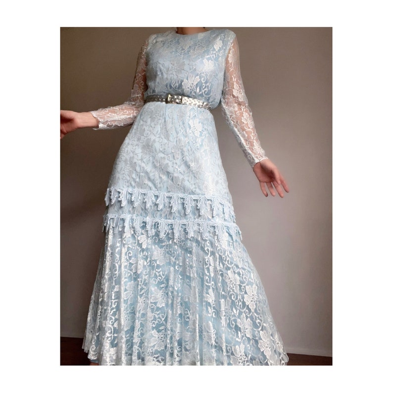 Vintage 70s Doing 20s Light Blue Lace Maxi Dress, Vintage Lace Flapper Maxi Dress, Vintage Lace Evening Dress image 2