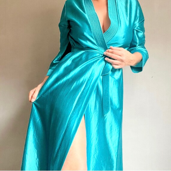 Vintage 80s Emerald Green Satin Night Robe doing … - image 5