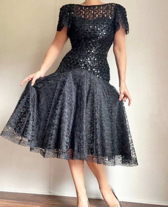 Vintage 80s Black Sequined Bodycon Lace Prom Dres… - image 7