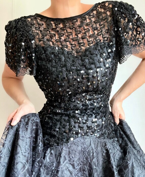 Vintage 80s Black Sequined Bodycon Lace Prom Dres… - image 5