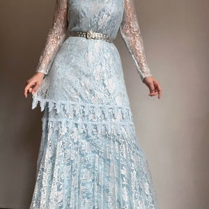 Vintage 70s Doing 20s Light Blue Lace Maxi Dress, Vintage Lace Flapper Maxi Dress, Vintage Lace Evening Dress image 4