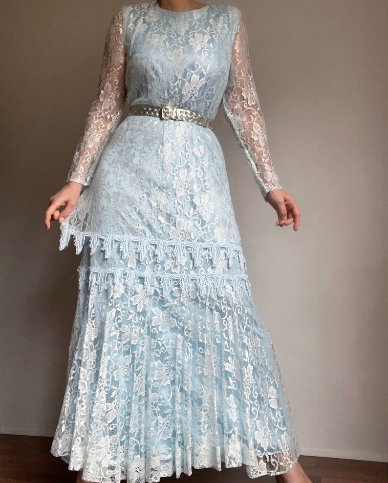 Vintage 70s Doing 20s Light Blue Lace Maxi Dress, Vintage Lace Flapper Maxi Dress, Vintage Lace Evening Dress image 4