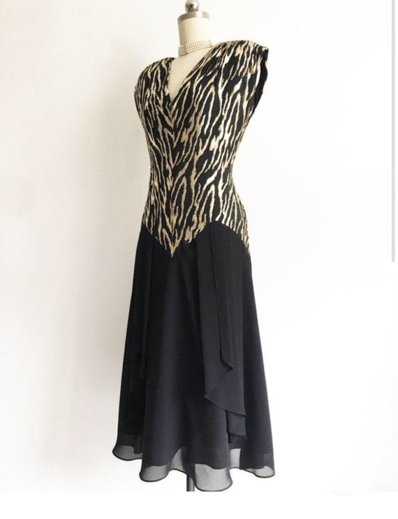 Vintage 80s Black Gold Lurex Chiffon Dress | Vint… - image 6
