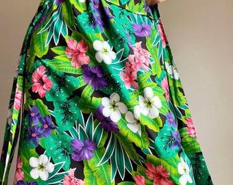 Vintage 80s Hawaiian Psychedelic Print Midi Maxi Skirt W/ Long Sash, Vintage Summer Floral Print Maxi Skirt, Vintage Hibiscus Print Bohoskir