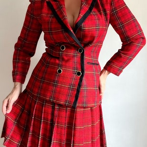 Vintage Red Black Plaid Blazer Pleated Skirt Suit, Vintage Lady Di Blazer Combination, Vintage Plaid Blazer, Vintage Pleated Plaid Skirt image 1