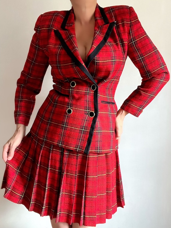 Vintage Red Black Plaid Blazer Pleated Skirt Suit,