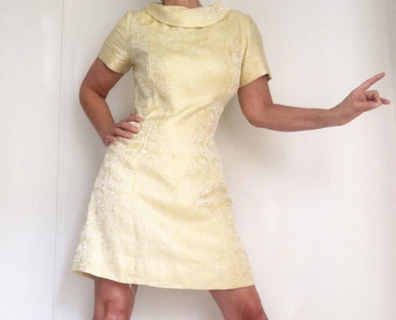 Vintage 60s JackieO Pastel Yellow Brocade Mini Mod