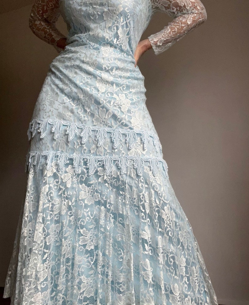 Vintage 70s Doing 20s Light Blue Lace Maxi Dress, Vintage Lace Flapper Maxi Dress, Vintage Lace Evening Dress image 7