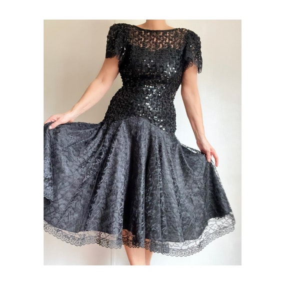 Vintage 80s Black Sequined Bodycon Lace Prom Dres… - image 2