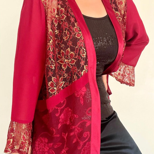 Vintage Bordeaux Gold Barock Style Open Front Cardigan