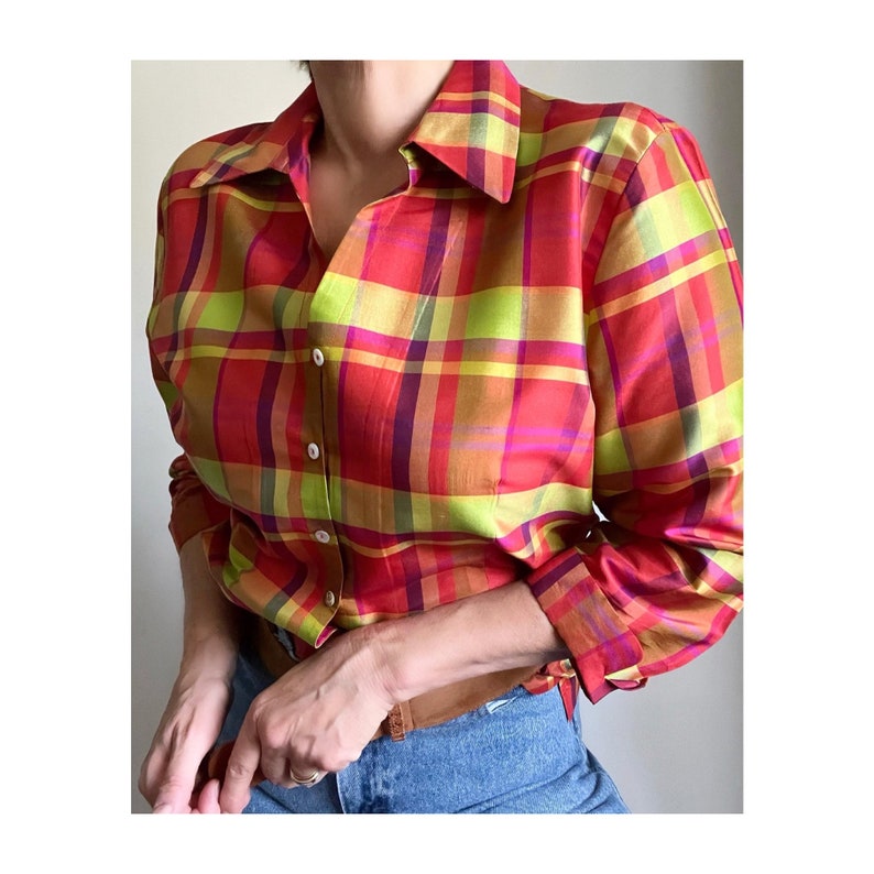 Vintage Pure Silk Checked Blouse, Vintage Silk Psychedelic Plaid Blouse, Vintage Summer Blouse image 3