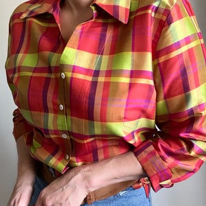 Vintage Pure Silk Checked Blouse, Vintage Silk Psychedelic Plaid Blouse, Vintage Summer Blouse image 10