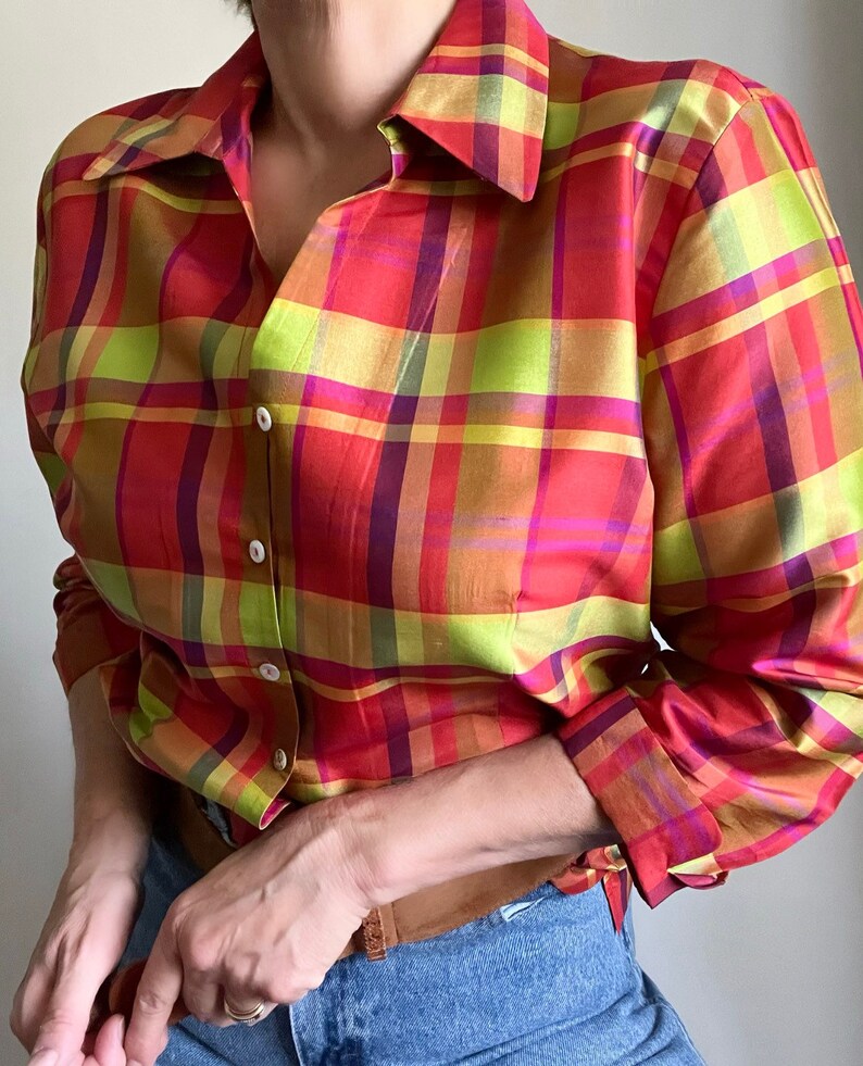 Vintage Pure Silk Checked Blouse, Vintage Silk Psychedelic Plaid Blouse, Vintage Summer Blouse image 10