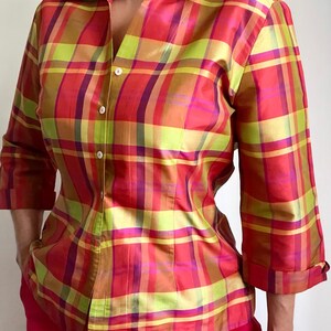 Vintage Pure Silk Checked Blouse, Vintage Silk Psychedelic Plaid Blouse, Vintage Summer Blouse image 5