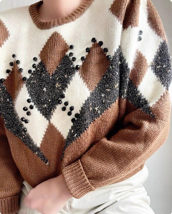 Stunning Earthtoned Rhombus Beaded Angora Sweater,