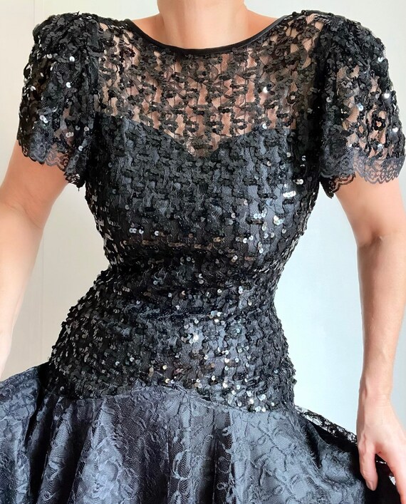 Vintage 80s Black Sequined Bodycon Lace Prom Dres… - image 1