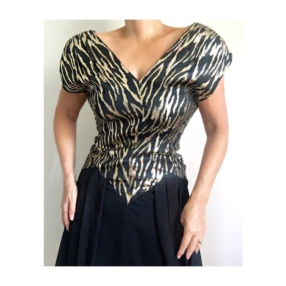 Vintage 80s Black Gold Lurex Chiffon Dress | Vint… - image 2