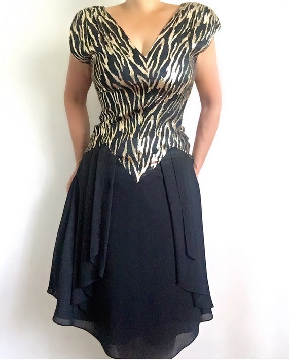 Vintage 80s Black Gold Lurex Chiffon Dress | Vint… - image 3