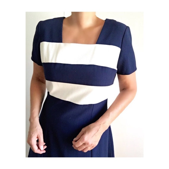 Vintage Navy Blue Ecru Color Block Dress | Vintag… - image 3