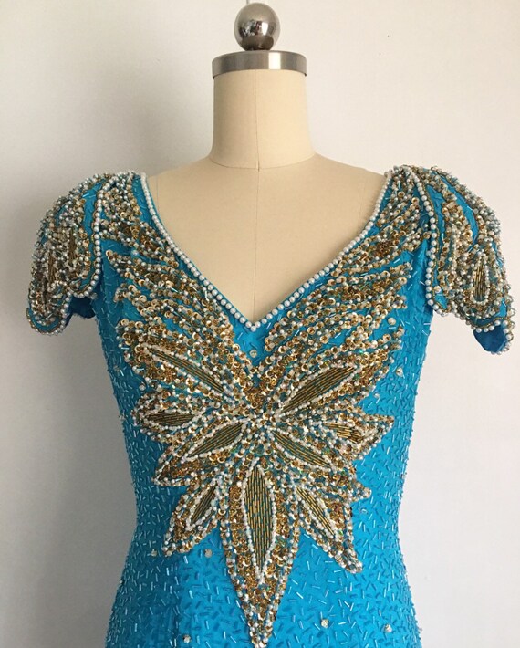 Vintage SHERRI HILL Heavily Beaded Sequined Turqu… - image 9