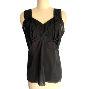KOMAR Vintage Black Embroidered Camisole Lace Straps Top Size 36, Vintage Nylon Camisole, Vintage Black Nylon Top