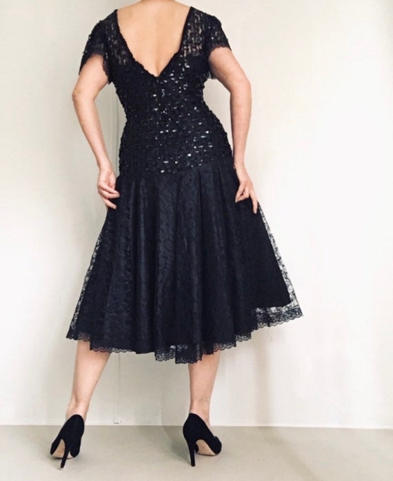 Vintage 80s Black Sequined Bodycon Lace Prom Dres… - image 8