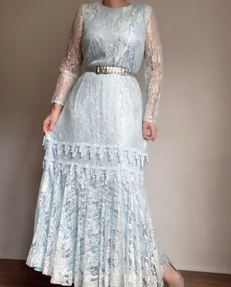 Vintage 70s Doing 20s Light Blue Lace Maxi Dress, Vintage Lace Flapper Maxi Dress, Vintage Lace Evening Dress image 6