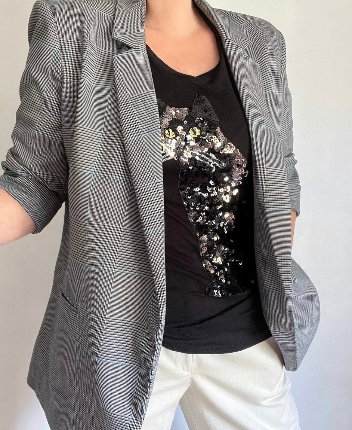 Vintage Checked Illusion Classic Open Front Blazer Jacket, Vintage Lightweight Summer Grey Blazer
