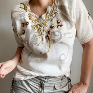 Amazing Vintage Off White Knit Sweater Embroidered, Vintage Sequined Pullover Sweater, Vintage Knit Embellished Sweater, Beige Gold Sweater