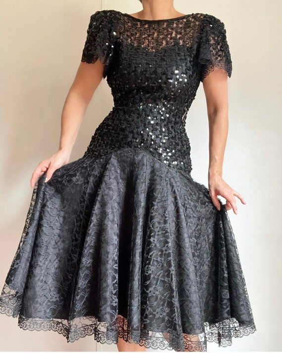 Vintage 80s Black Sequined Bodycon Lace Prom Dres… - image 4
