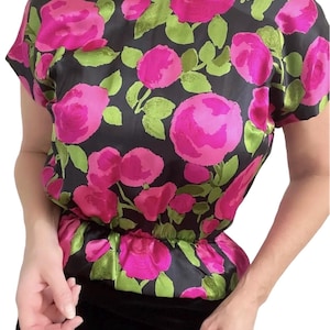 Vintage 80s Doing 40s Silk Velvet Peplum Wiggle Dress | Vintage Rose Print Pink Black Dress | Velvet Dress | Vintage Silk Dress |