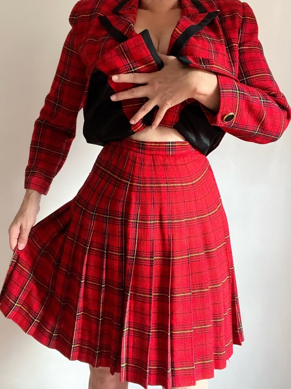 Vintage Red Black Plaid Blazer Pleated Skirt Suit… - image 5