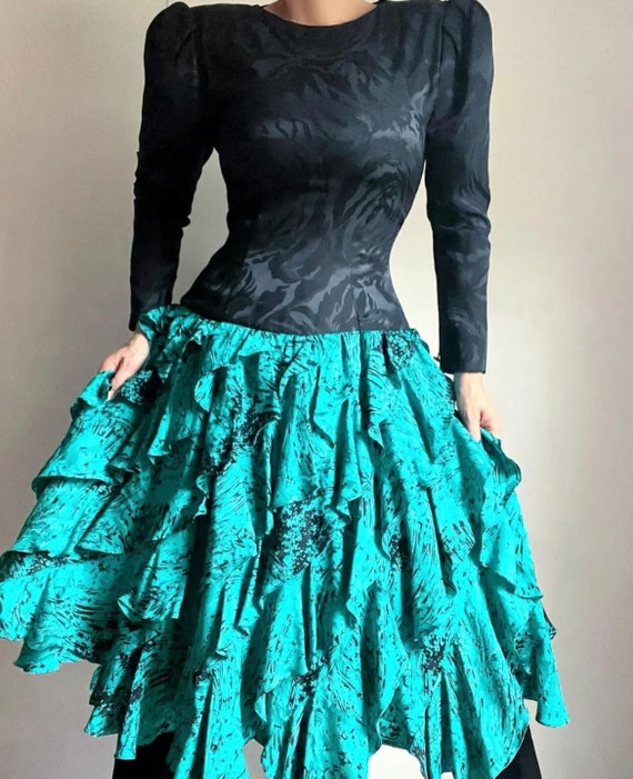 Amazing 80s Pure Silk Drop Waist Gypsy Dress W/Ti… - image 4