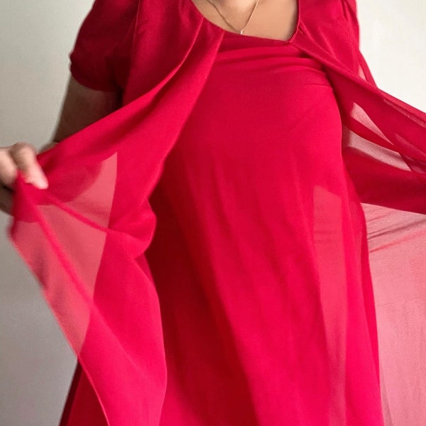 Vintage 90s Lipstick Red Caftan Summer Dress W/Chiffon Style Overlay