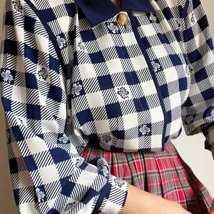 Vintage Gingham Checked Blue White Blouson College Blouse | Vintage Blouson Blouse | Vintage Gingham Sweater Blouse