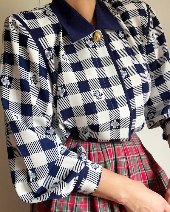 Vintage Gingham Checked Blue White Blouson College