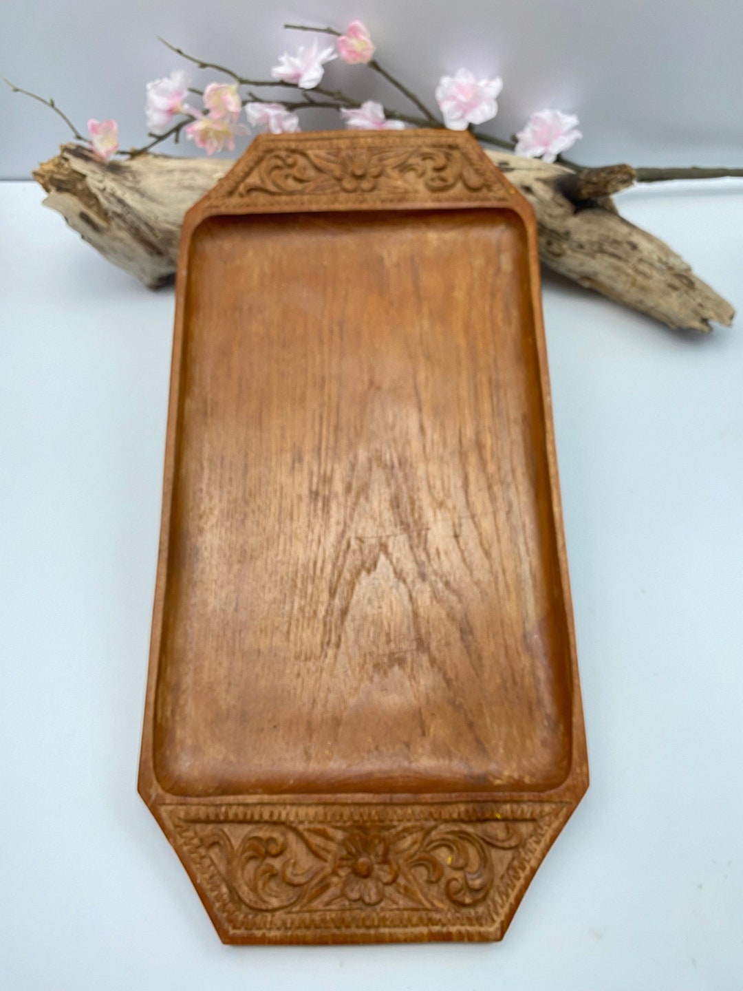 Vintage Teak Tray / Handcarved in Thailand / Drinks Server / Etsy