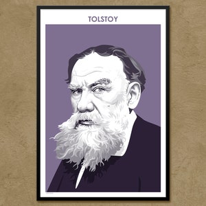 Puede incluir: Una ilustraci&oacute;n en blanco y negro de Le&oacute;n Tolst&oacute;i, un famoso escritor ruso, con una larga barba blanca. La ilustraci&oacute;n est&aacute; sobre un fondo morado con la palabra "TOLSTOY" en blanco en la parte superior.