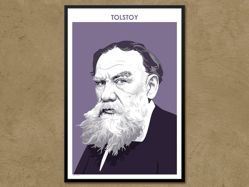 Puede incluir: Una ilustraci&oacute;n en blanco y negro de Le&oacute;n Tolst&oacute;i, un famoso escritor ruso, con una larga barba blanca. La ilustraci&oacute;n est&aacute; sobre un fondo morado con la palabra "TOLSTOY" en blanco en la parte superior.