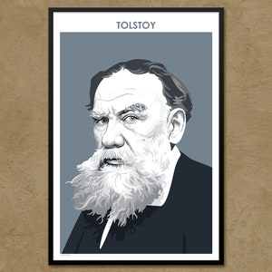 Puede incluir: Una ilustraci&oacute;n en blanco y negro de Le&oacute;n Tolst&oacute;i, un famoso escritor ruso, con una larga barba y bigote blancos. La ilustraci&oacute;n est&aacute; sobre un fondo gris con la palabra "TOLSTOY" en blanco en la parte superior.