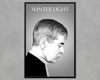 May include: A black and white poster with the text "Ingmar Bergman's Winter Light" at the top. A black and white illustration of a man's face in profile is in the center of the poster.