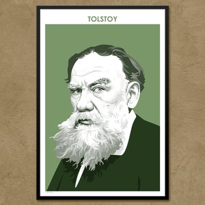 Puede incluir: Una ilustraci&oacute;n en blanco y negro de Le&oacute;n Tolst&oacute;i, un famoso escritor ruso, con una larga barba blanca. La ilustraci&oacute;n est&aacute; sobre un fondo verde con la palabra "TOLSTOY" en blanco en la parte superior.