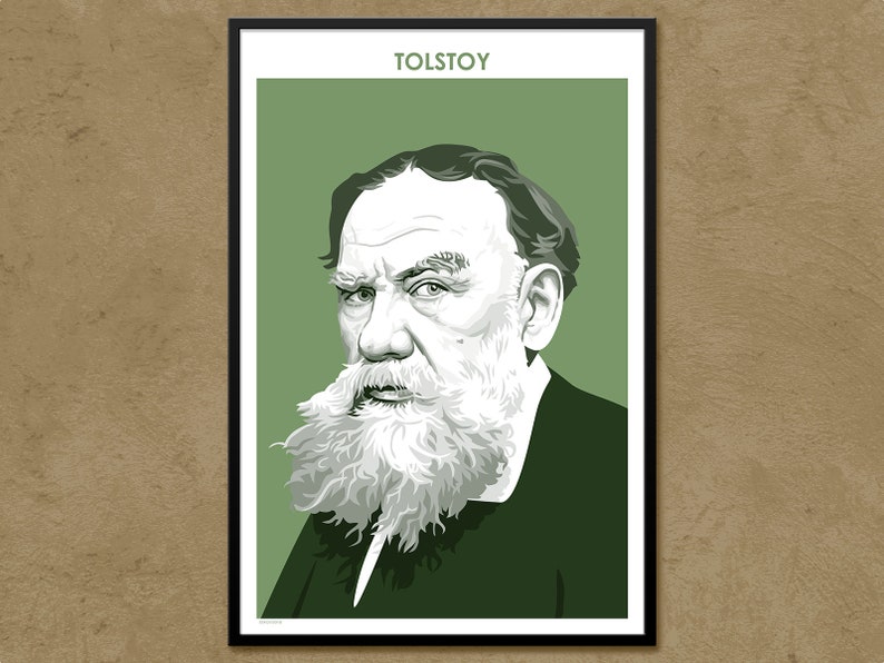 Puede incluir: Una ilustraci&oacute;n en blanco y negro de Le&oacute;n Tolst&oacute;i, un famoso escritor ruso, con una larga barba blanca. La ilustraci&oacute;n est&aacute; sobre un fondo verde con la palabra "TOLSTOY" en blanco en la parte superior.
