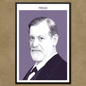 May include: A black and white illustration of Sigmund Freud, a famous psychologist, against a purple background. The image is framed with a black frame and the word "FREUD" is printed in white at the top.