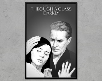 May include: Black and white poster for the film "Through a Glass Darkly" by Ingmar Bergman. The poster features a man and a woman in a close embrace.