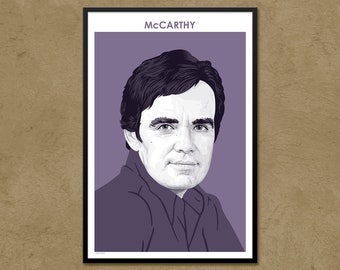 May include: A black and white illustration of a man with dark hair and a serious expression. The background is a solid purple color. The text "MCCARTHY" is printed in white at the top of the image.