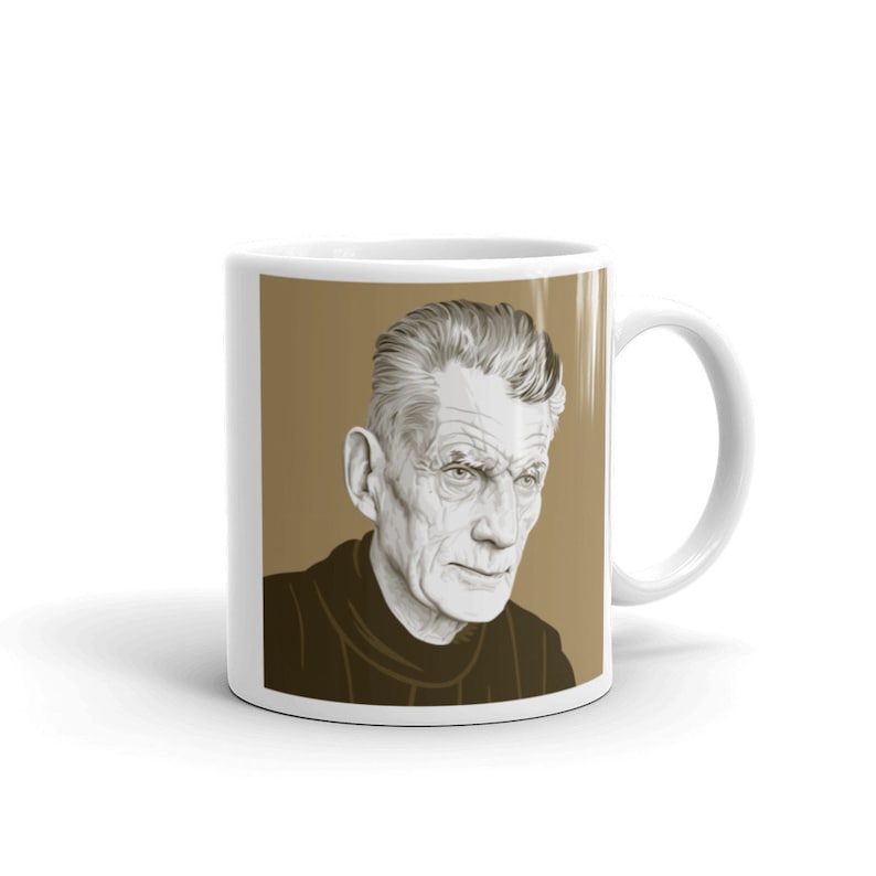 May include: White ceramic mug with a brown background and a black and white illustration of a man with grey hair. The man is looking to the right.
